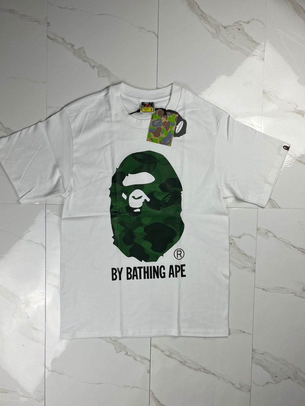 A Bathing Ape White T-Shirt with Green Camouflage Ape Head S